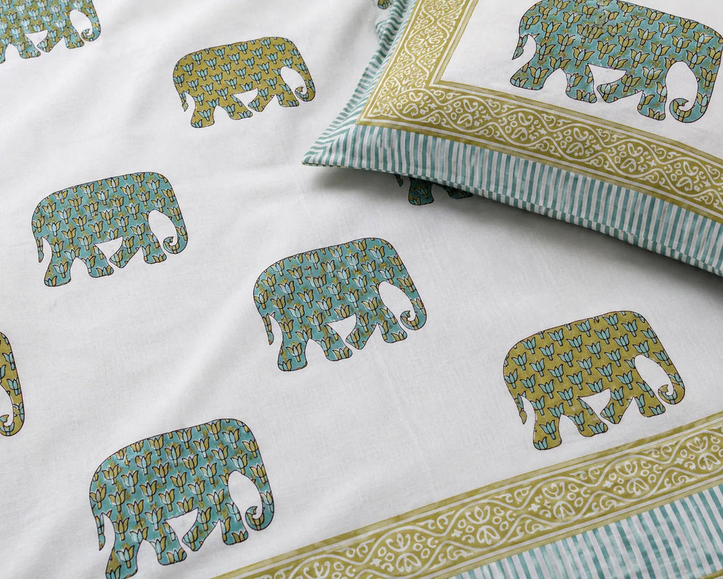 Gajraj Handblock Print Mustard & Sea Green Premium Cotton Bedsheet with 2 Pillow Covers (108x108 super king size)