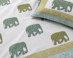 Gajraj Handblock Print Mustard & Sea Green Premium Cotton Bedsheet with 2 Pillow Covers (108x108 super king size)