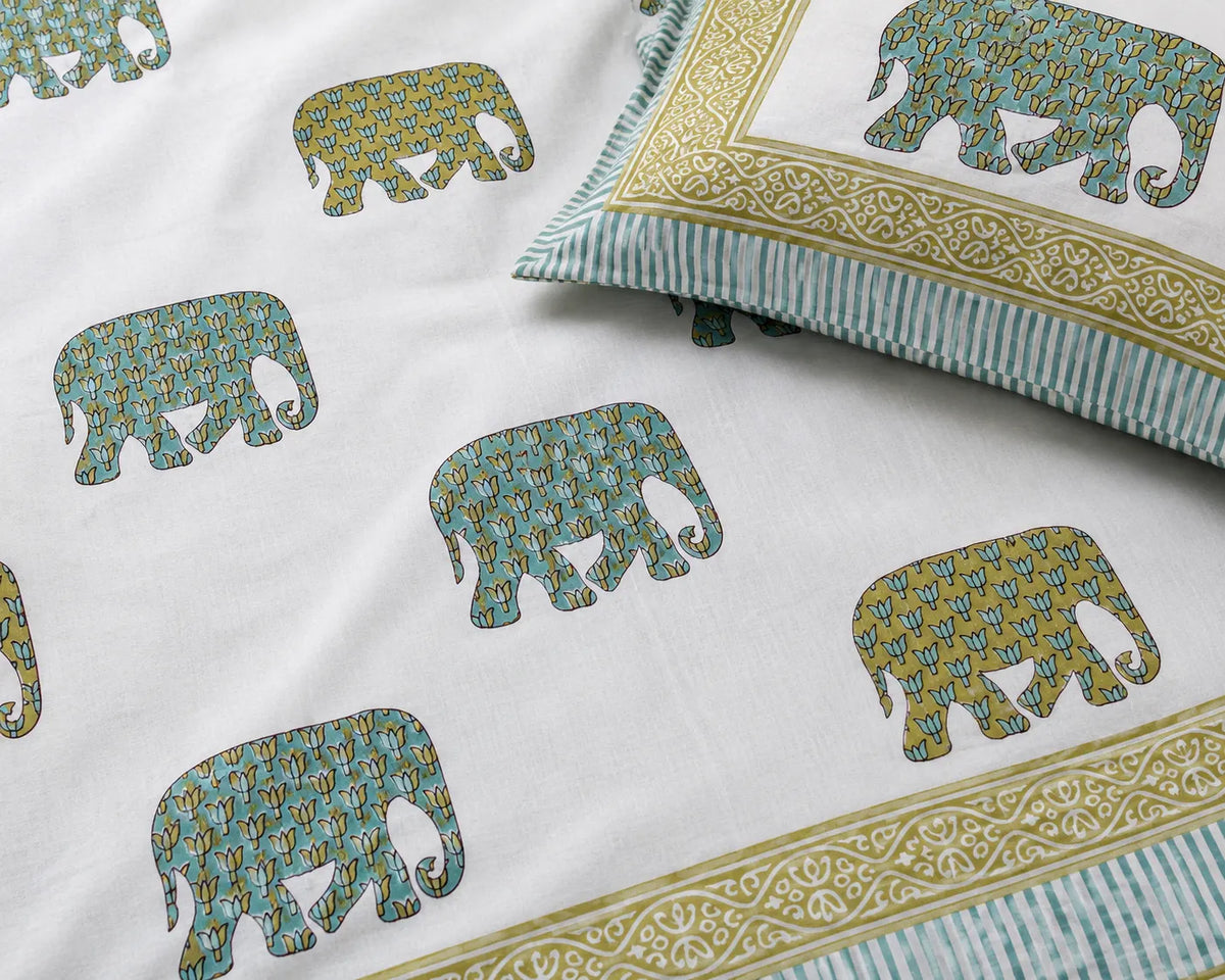 Gajraj Handblock Print Mustard & Sea Green Premium Cotton Bedsheet with 2 Pillow Covers (108x108 super king size)