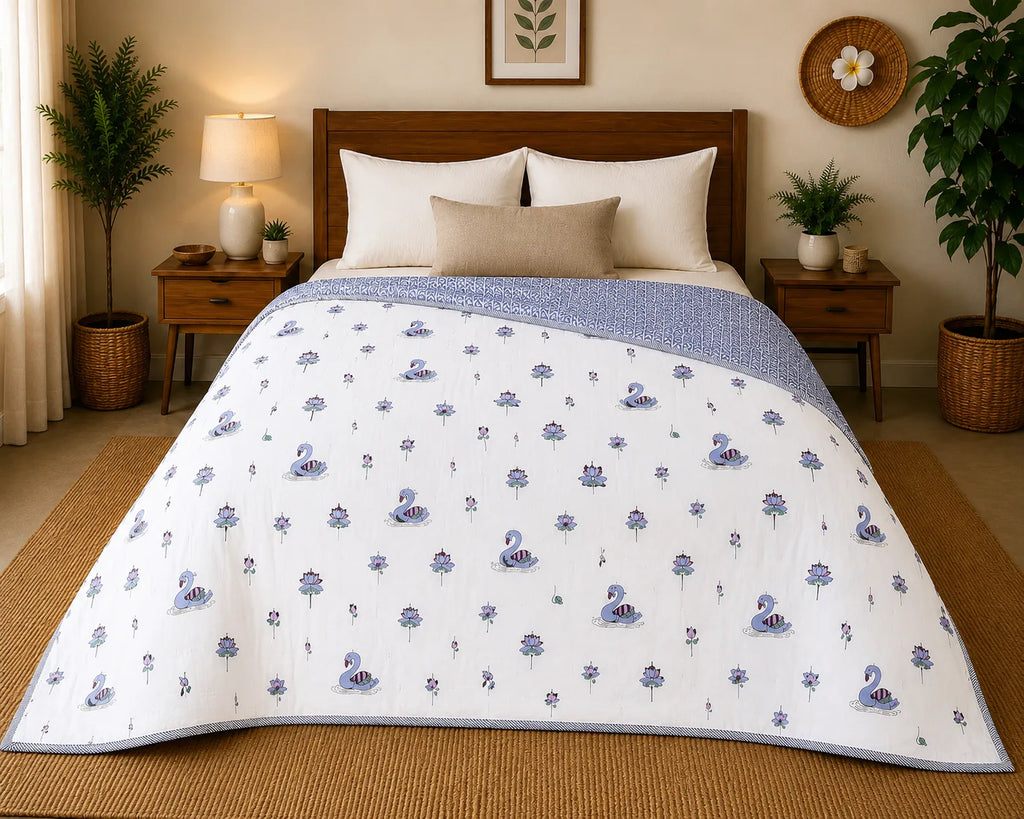 Rajhans Lotus Hand Block Print Reversible Single Bed Dohar | 100% Cotton | Soft Lightweight Quilt