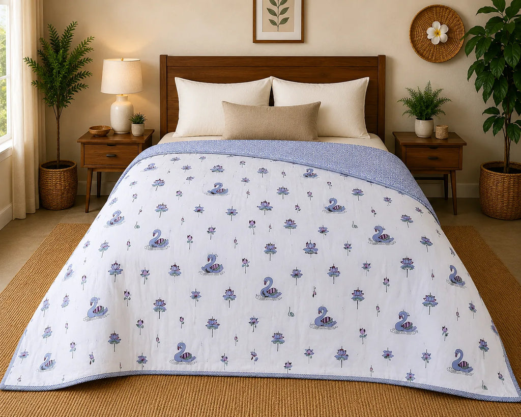 Rajhans Lotus Hand Block Print Reversible Single Bed Dohar | 100% Cotton | Soft Lightweight Quilt
