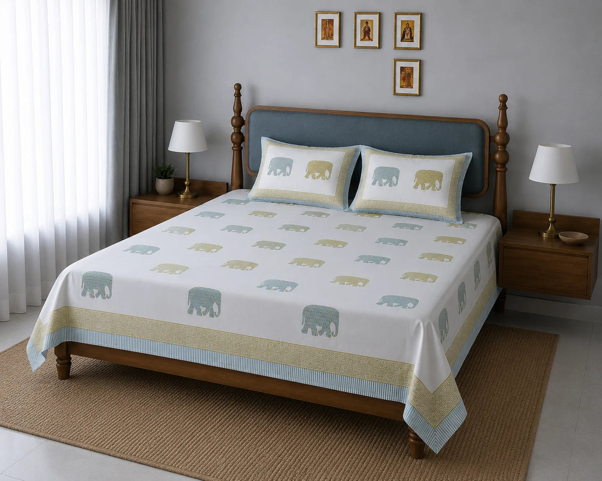 Gajraj Handblock Print Mustard & Sea Green Premium Cotton Bedsheet with 2 Pillow Covers (108x108 super king size)