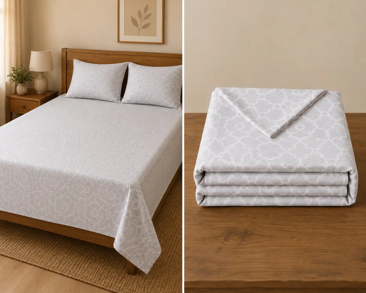 Super King Size Grey Trellis Premium cotton Bedsheet with 2 Pillow covers (108x108 inches)