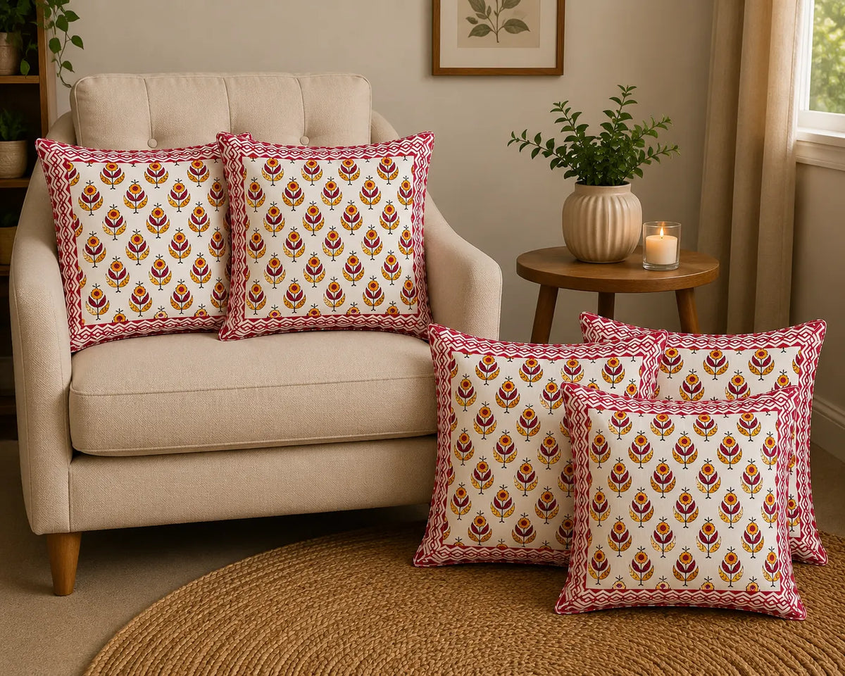 Parijat Hand Block Print Cushion Cover – 16x16 Inch | Floral Cotton Pillow Cover | Jaipur Artisan Design