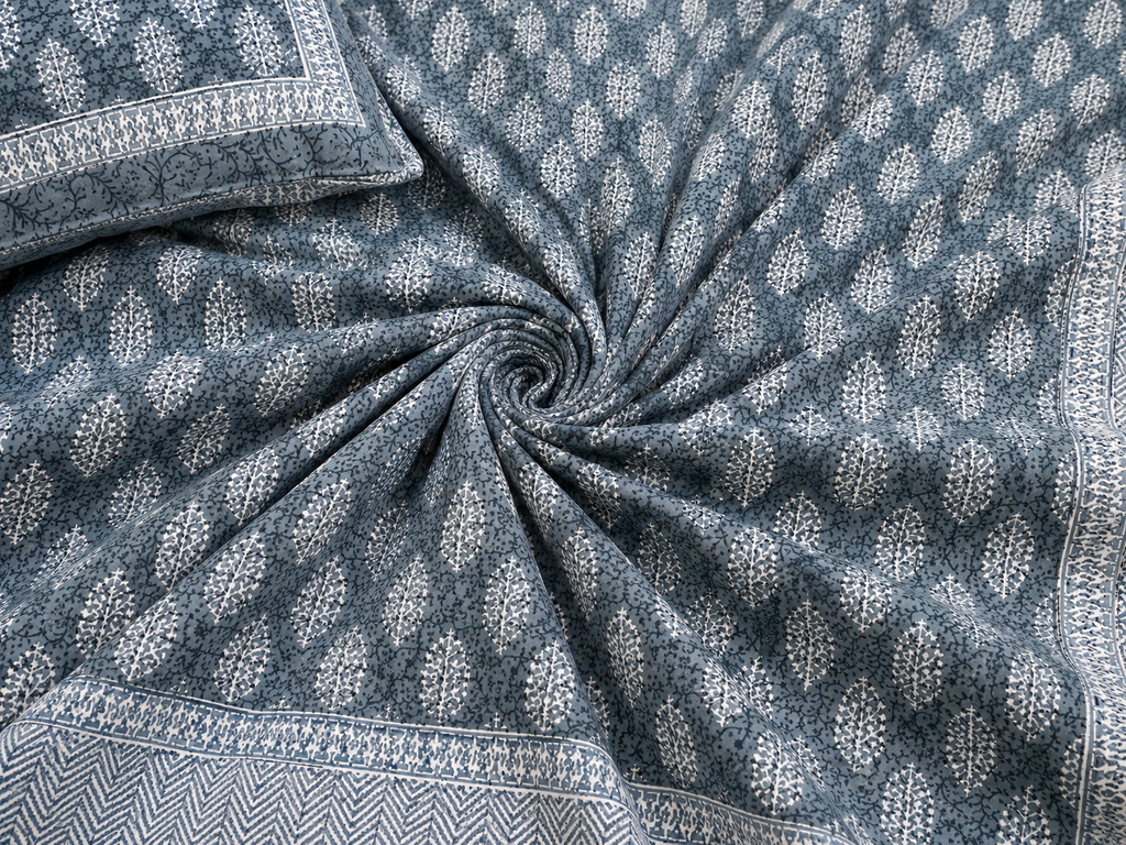 Slate Blue Buti Print Premium Cotton Bedsheet with Bordered 2 Pillow Covers