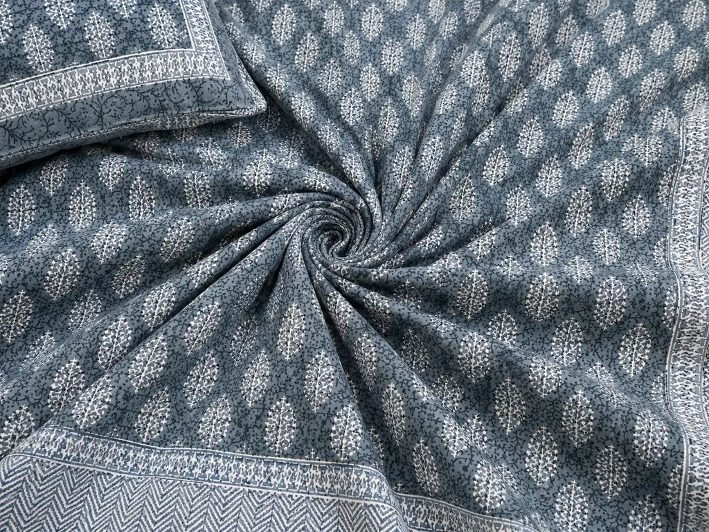 Slate Blue Buti Print Premium Cotton Bedsheet with Bordered 2 Pillow Covers