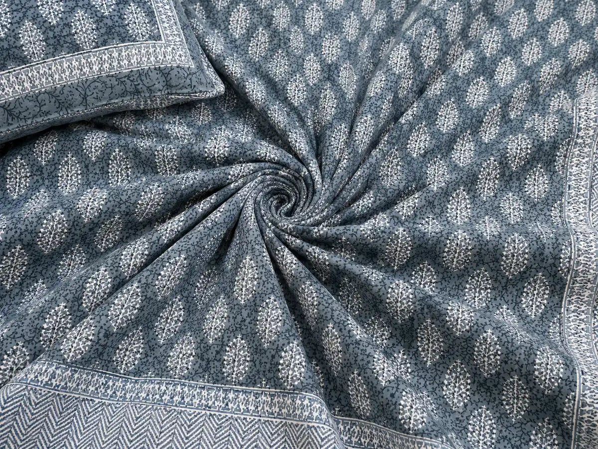 Slate Blue Buti Print Premium Cotton Bedsheet with Bordered 2 Pillow Covers