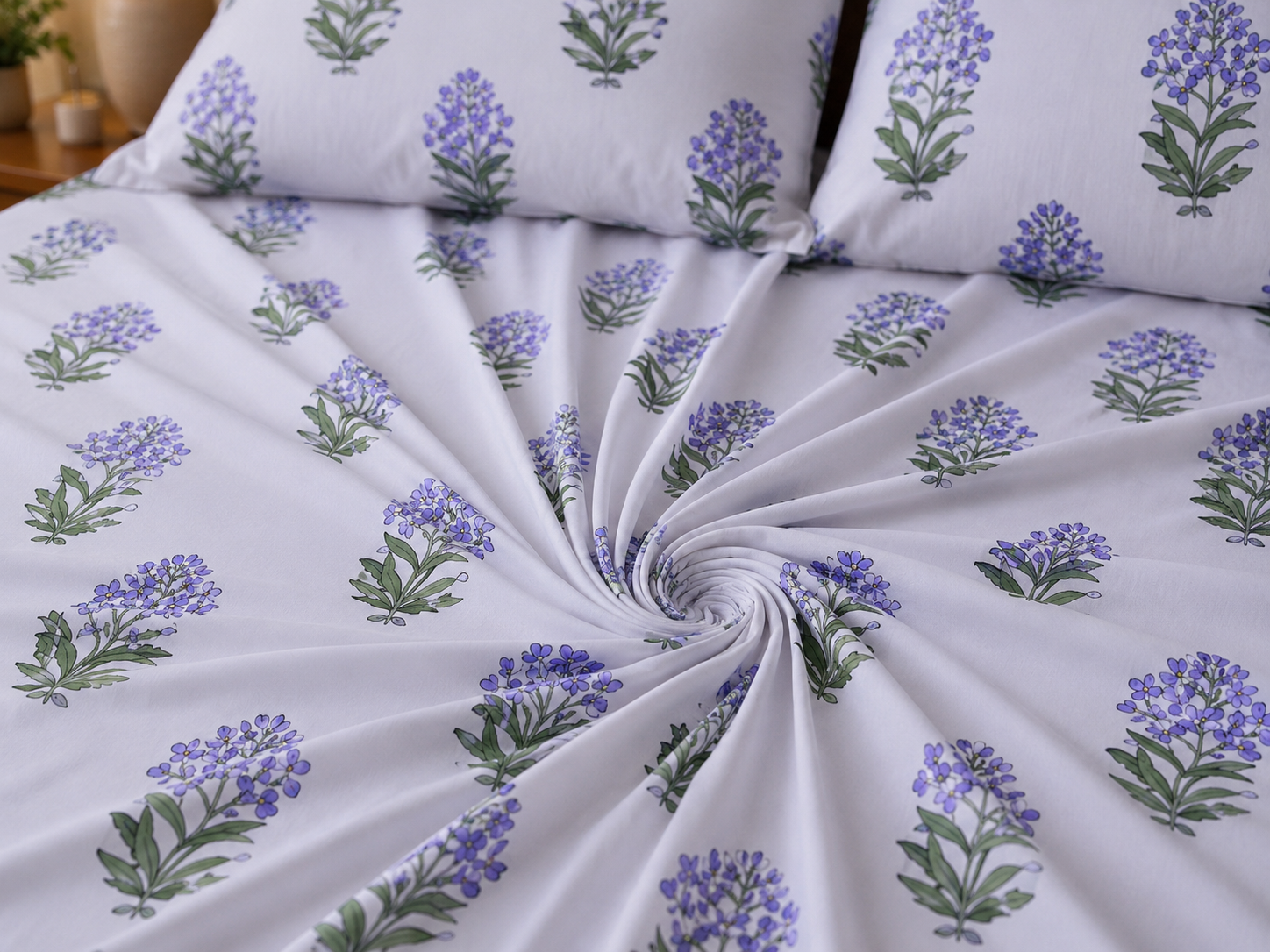Lavender Buta Handblock Printed Mulmul Cotton Bedsheet with 2 Pillow Covers (108x108 Super King Size)