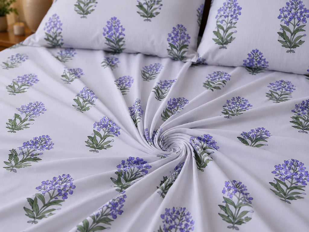 Lavender Buta Handblock Printed Mulmul Cotton Bedsheet with 2 Pillow Covers (108x108 Super King Size)