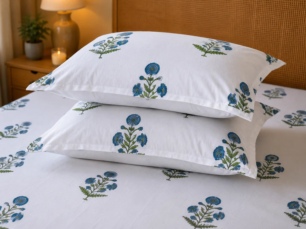 Royal Blue Marigold Jaipuri Handblock Print Mulmul Cotton Bedsheet with 2 Pillow Covers (108x108 Super King Size)