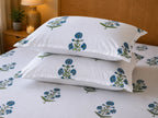 Royal Blue Marigold Jaipuri Handblock Print Mulmul Cotton Bedsheet with 2 Pillow Covers (108x108 Super King Size)
