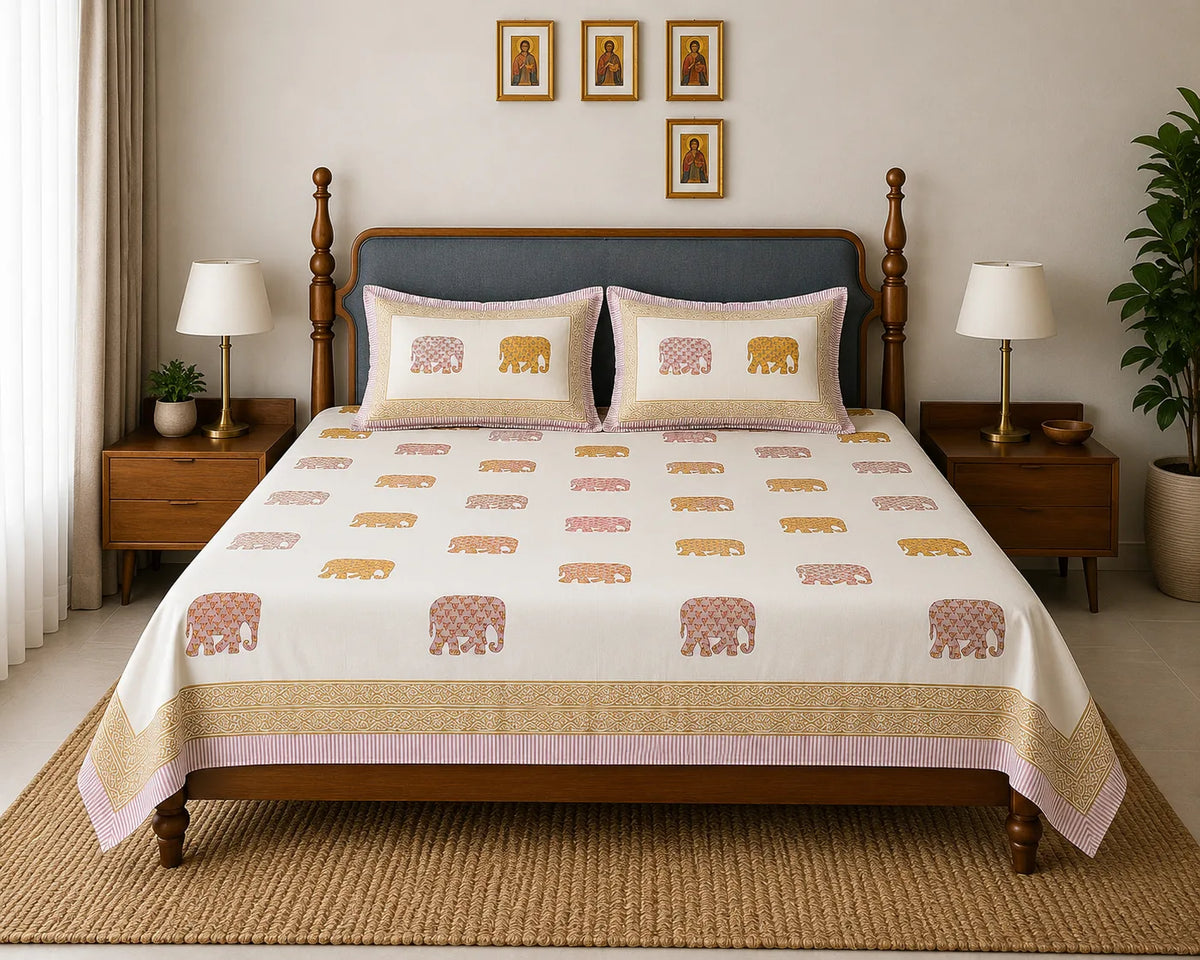 Gajraj Handblock Print pink Premium Cotton Bedsheet with 2 Pillow Covers (108x108 super king size)