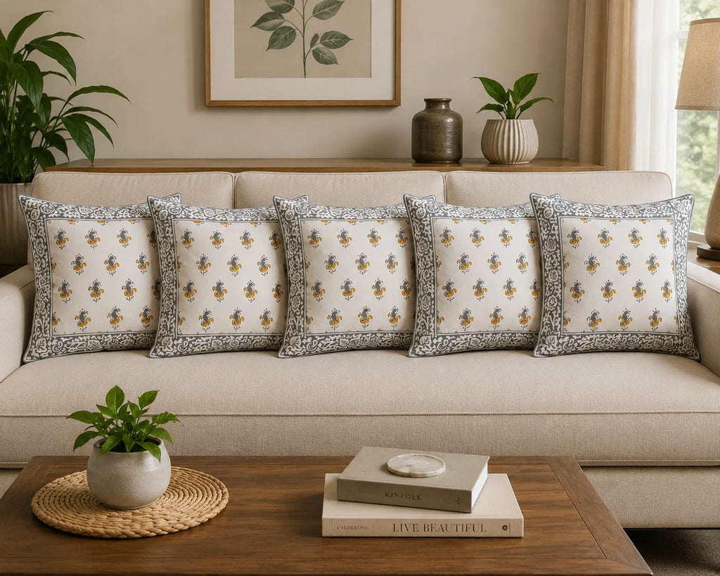 Sanganeri Noor Hand Block Print Cushion Cover 16x16 Inch | Premium Cotton | Grey Floral Border