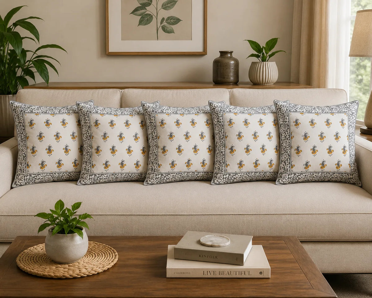 Sanganeri Noor Hand Block Print Cushion Cover 16x16 Inch | Premium Cotton | Grey Floral Border