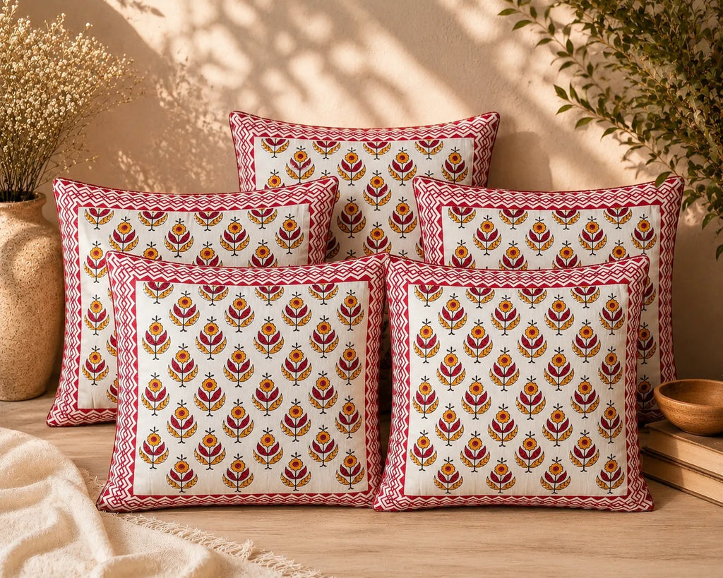 Parijat Hand Block Print Cushion Cover – 16x16 Inch | Floral Cotton Pillow Cover | Jaipur Artisan Design