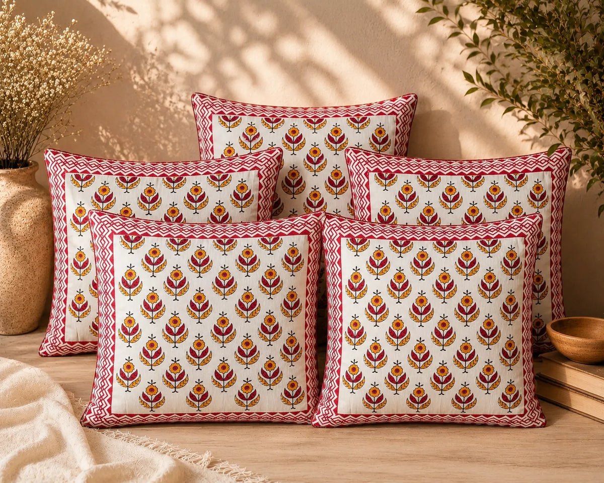 Parijat Hand Block Print Cushion Cover – 16x16 Inch | Floral Cotton Pillow Cover | Jaipur Artisan Design