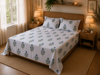 Royal Blue Marigold Jaipuri Handblock Print Mulmul Cotton Bedsheet with 2 Pillow Covers (108x108 Super King Size)