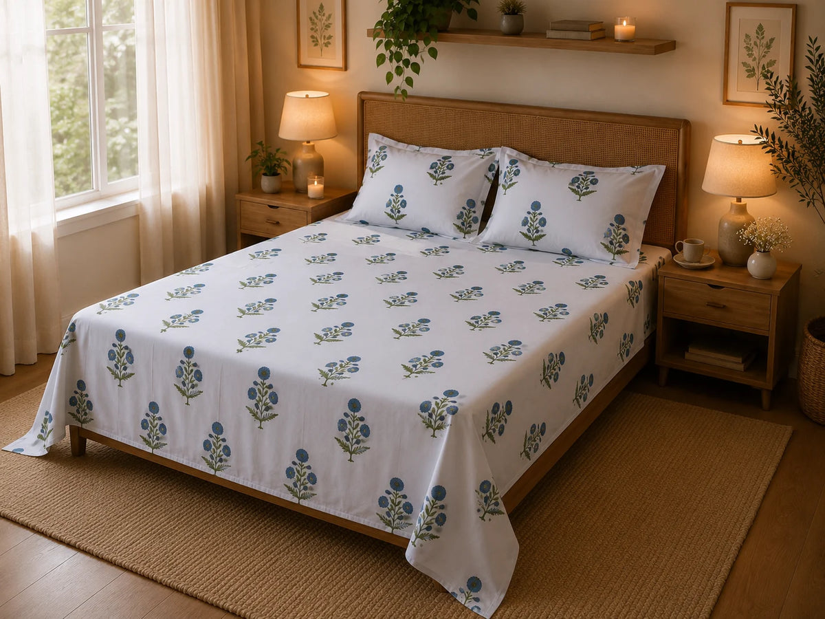 Royal Blue Marigold Jaipuri Handblock Print Mulmul Cotton Bedsheet with 2 Pillow Covers (108x108 Super King Size)