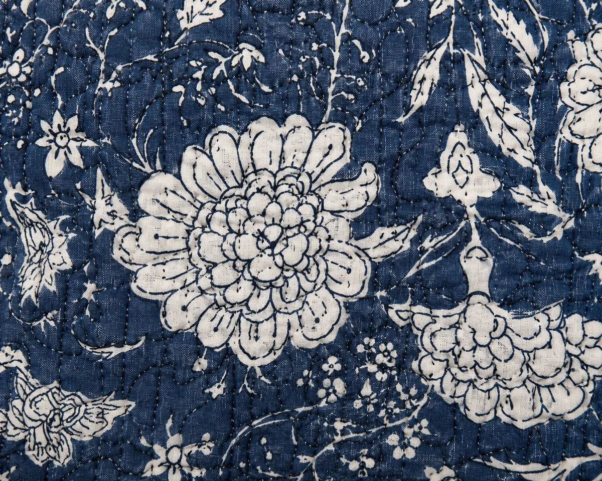 Hand Block Print Quilted Cotton Pouch Set of 3 | Indigo Blue Floral Travel Makeup & Toiletry Organizer