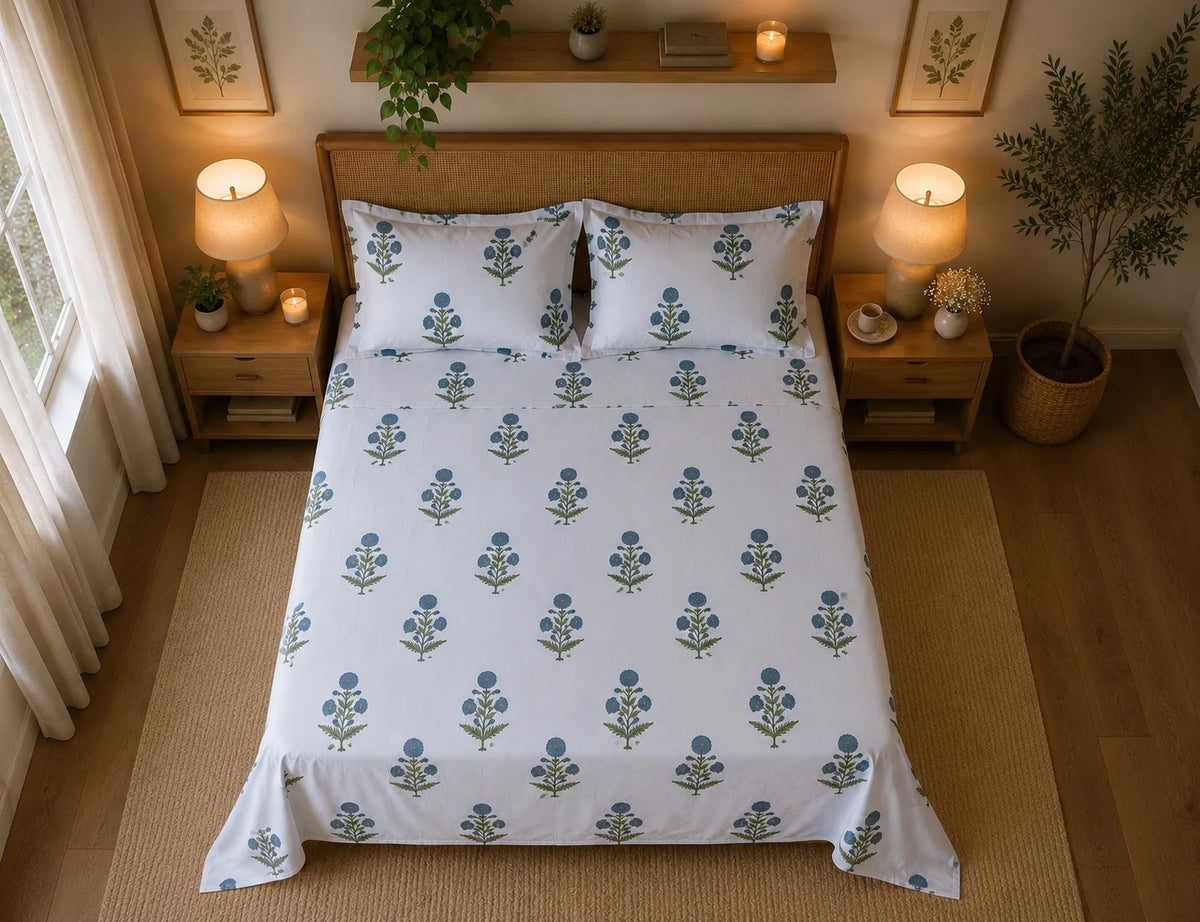 Royal Blue Marigold Jaipuri Handblock Print Mulmul Cotton Bedsheet with 2 Pillow Covers (108x108 Super King Size)