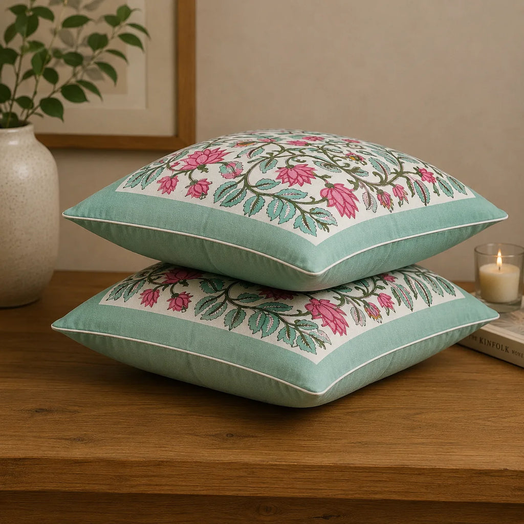 Gulnaar Lotus Hand Block Print Cushion Cover – 16x16 Inch | Floral Cotton Pillow Cover | Jaipur Artisan Design