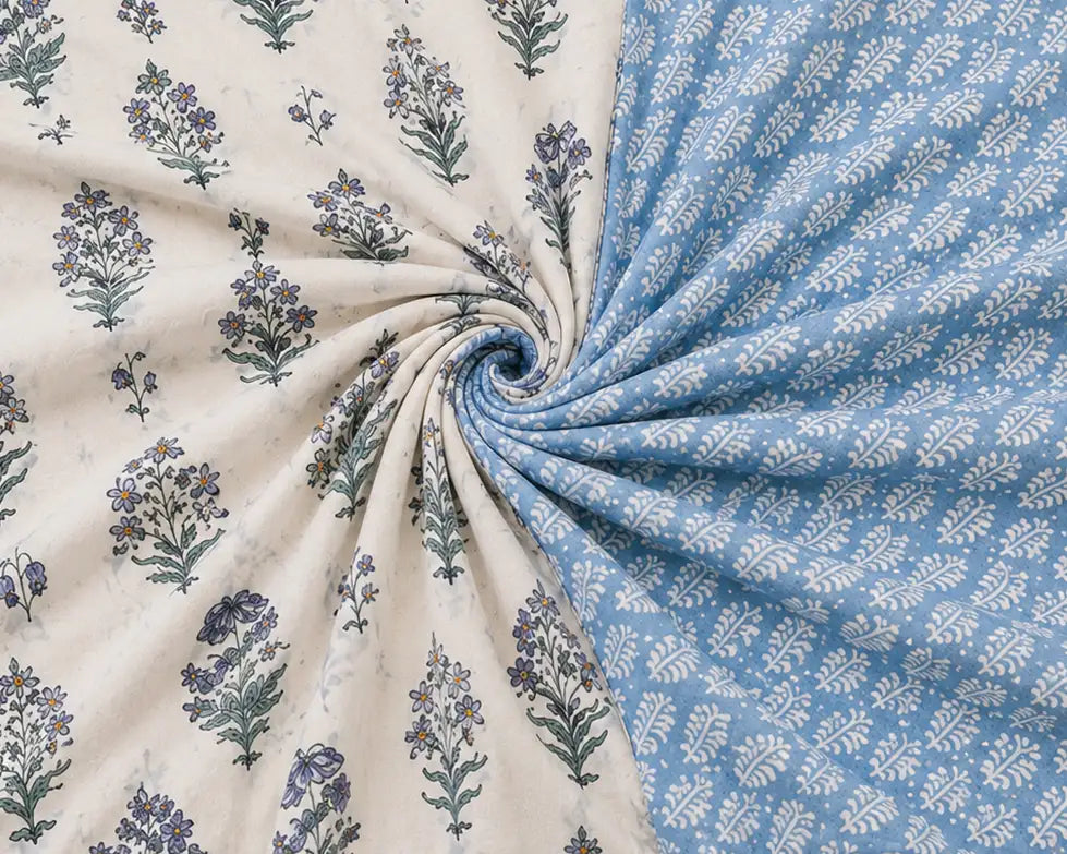 Blue Gulbahar Hand Block Print Reversible Dual Print Single Bed Dohar | 100% Cotton | Soft Lightweight Dohar Quilt