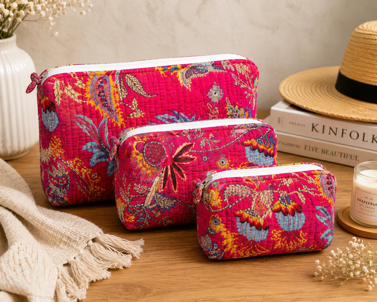 Hand Block Print Quilted Cotton Pouch Set of 3 | Gulmohar Pink Floral Travel Makeup & Toiletry Organizer