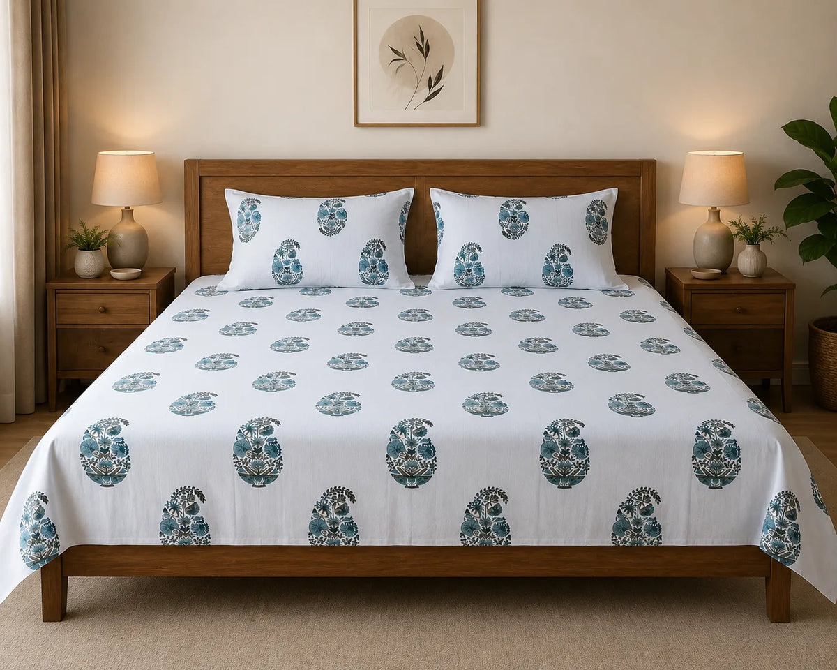 Sham-e-Bahaar Premium Blue & Teal Floral Handblock Print Cotton Bedsheet with 2 Pillow Covers (108x108 Super King Size)