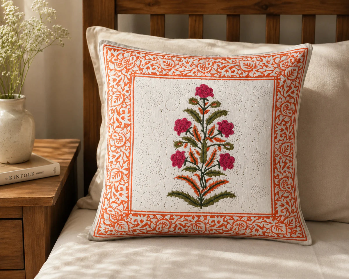 Maru Phool Hand Block Print Cushion Cover – 16x16 Inch | Floral Cotton Pillow Cover | Jaipur Artisan Design