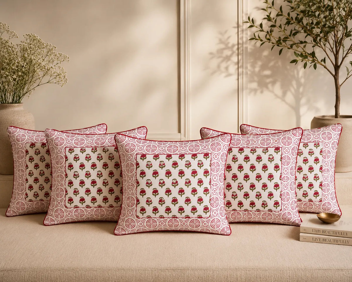Kesar Baag Hand Block Print Cushion Cover – 16x16 Inch | Floral Cotton Pillow Cover | Jaipur Artisan Design