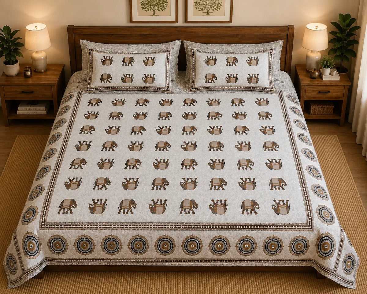 Jaipuri Gaj Booti Bedsheet Set | Ethnic Elephant Print Cotton Bed Sheet with 2 Pillow Covers (108x108 super king size)
