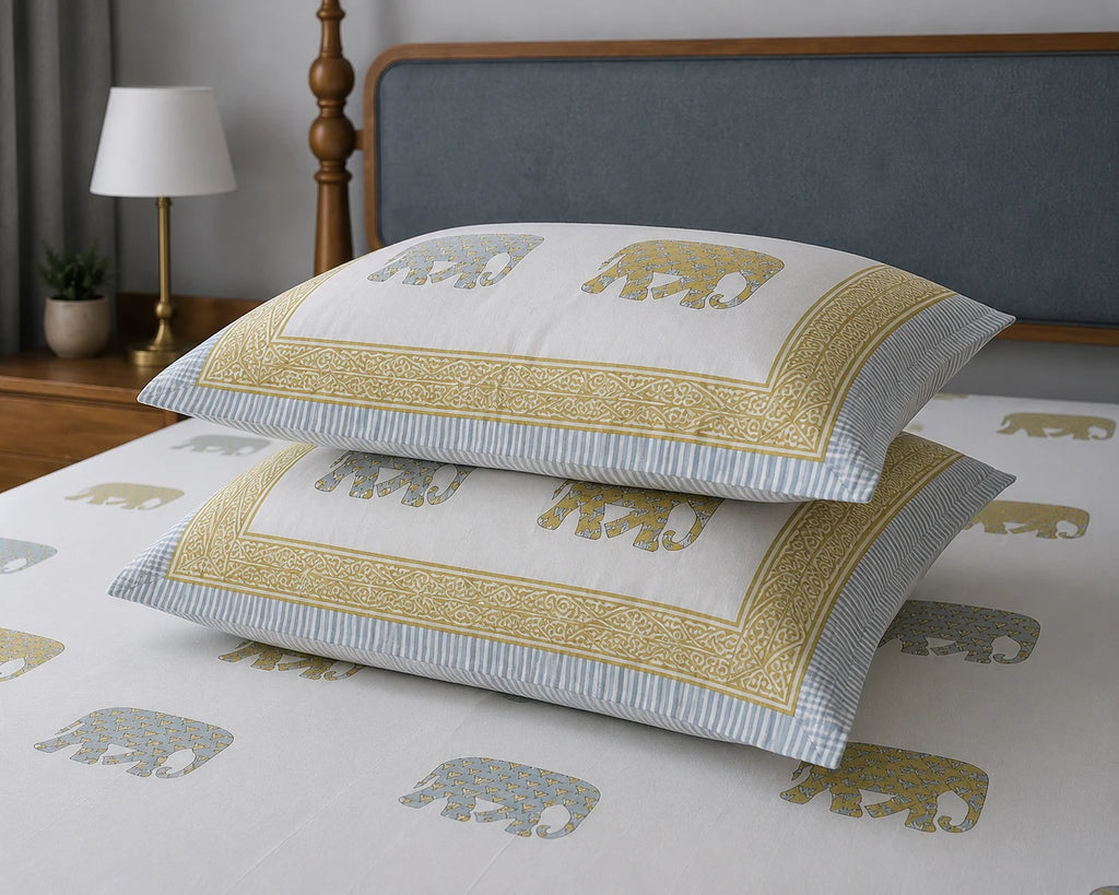 Gajraj Handblock Print Mustard Yellow & Powder Blue Premium Cotton Bedsheet with 2 Pillow Covers (108x108 super king size)