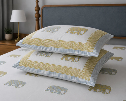 Gajraj Handblock Print Mustard Yellow & Powder Blue Premium Cotton Bedsheet with 2 Pillow Covers (108x108 super king size)