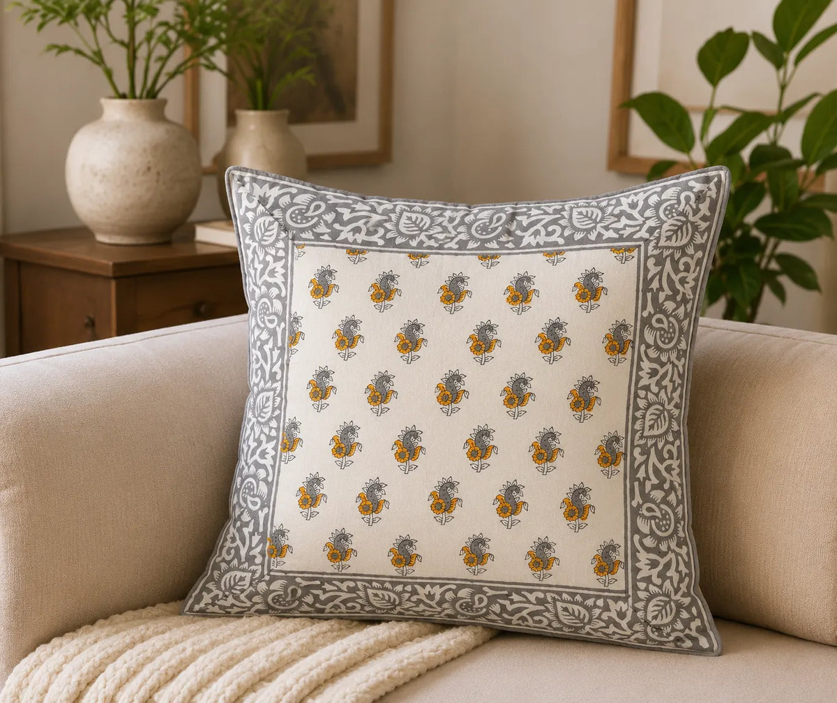 Sanganeri Noor Hand Block Print Cushion Cover 16x16 Inch | Premium Cotton | Grey Floral Border