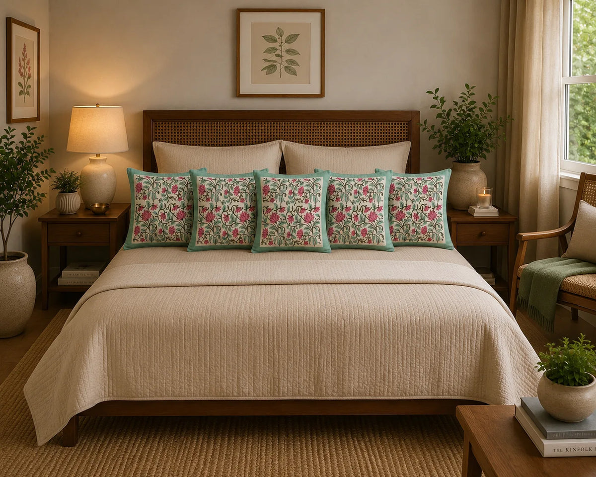Gulnaar Lotus Hand Block Print Cushion Cover – 16x16 Inch | Floral Cotton Pillow Cover | Jaipur Artisan Design