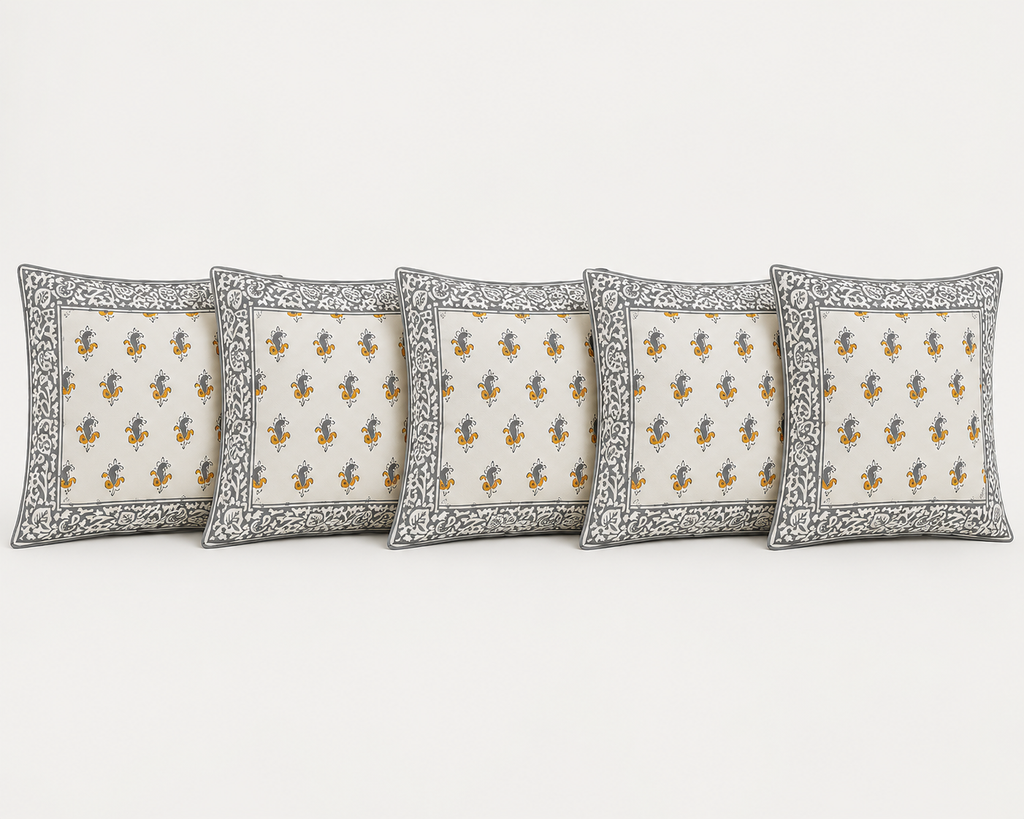 Sanganeri Noor Hand Block Print Cushion Cover 16x16 Inch | Premium Cotton | Grey Floral Border