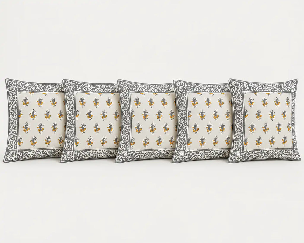 Sanganeri Noor Hand Block Print Cushion Cover 16x16 Inch | Premium Cotton | Grey Floral Border