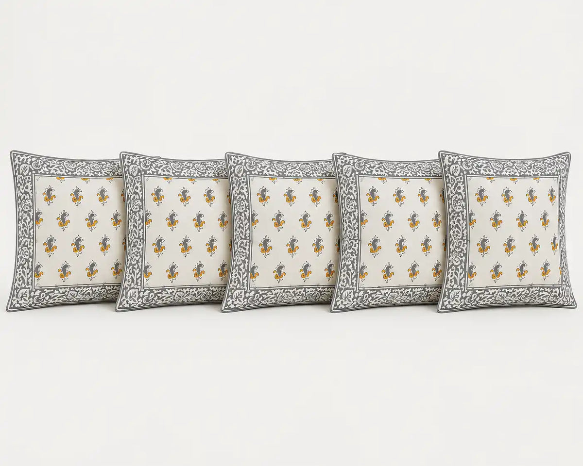 Sanganeri Noor Hand Block Print Cushion Cover 16x16 Inch | Premium Cotton | Grey Floral Border