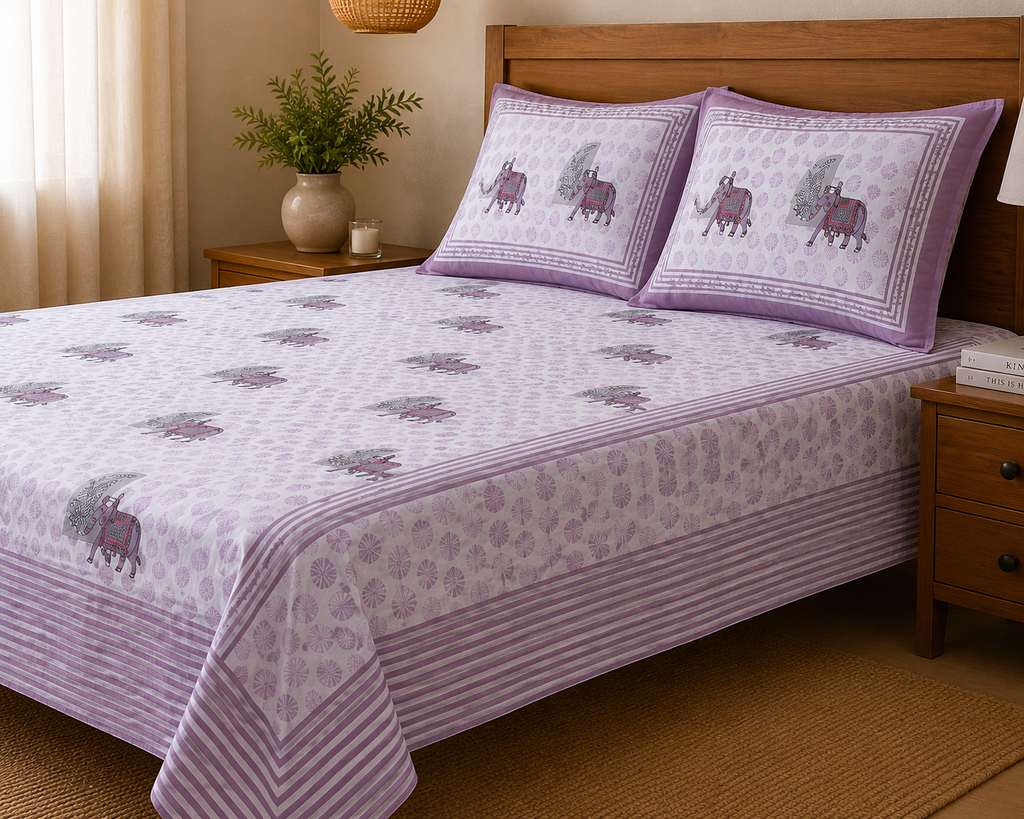 Maharaja Elephant Print Premium Cotton Double Bedsheet with 2 Pillow Covers (108x108 Super King Size)