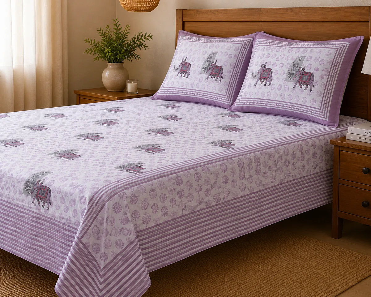 Maharaja Elephant Print Premium Cotton Double Bedsheet with 2 Pillow Covers (108x108 Super King Size)
