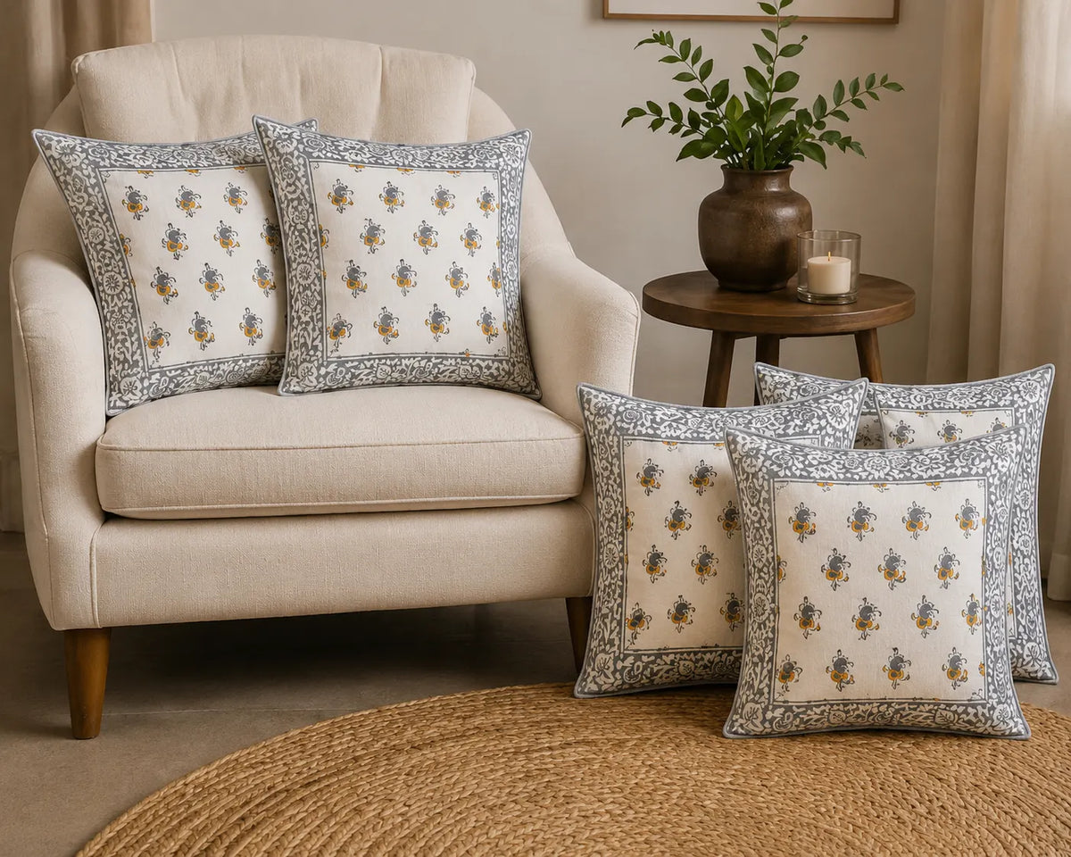 Sanganeri Noor Hand Block Print Cushion Cover 16x16 Inch | Premium Cotton | Grey Floral Border