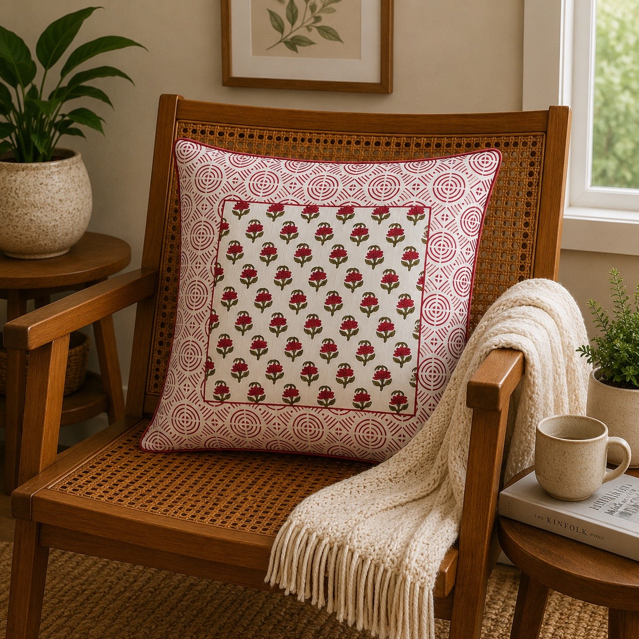 Kesar Baag Hand Block Print Cushion Cover – 16x16 Inch | Floral Cotton Pillow Cover | Jaipur Artisan Design
