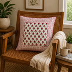 Kesar Baag Hand Block Print Cushion Cover – 16x16 Inch | Floral Cotton Pillow Cover | Jaipur Artisan Design