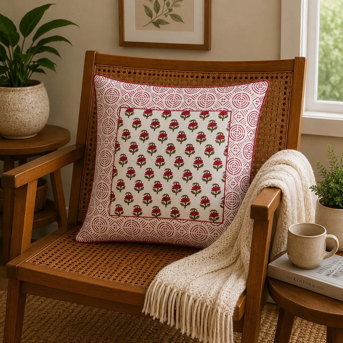 Kesar Baag Hand Block Print Cushion Cover – 16x16 Inch | Floral Cotton Pillow Cover | Jaipur Artisan Design