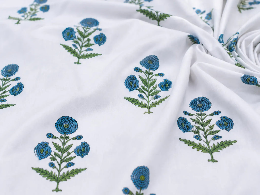 Royal Blue Marigold Jaipuri Handblock Print Mulmul Cotton Bedsheet with 2 Pillow Covers (108x108 Super King Size)