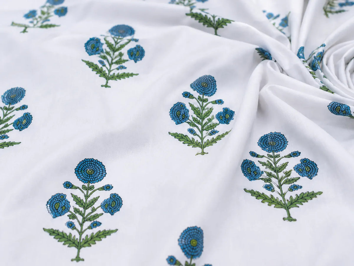 Royal Blue Marigold Jaipuri Handblock Print Mulmul Cotton Bedsheet with 2 Pillow Covers (108x108 Super King Size)