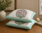 Lotus Floral Jaal Design - Hand Block Print Cotton Cushion Cover 16x16 Inch | Handmade Jaipur Pillow Cover | Aqua Green Border