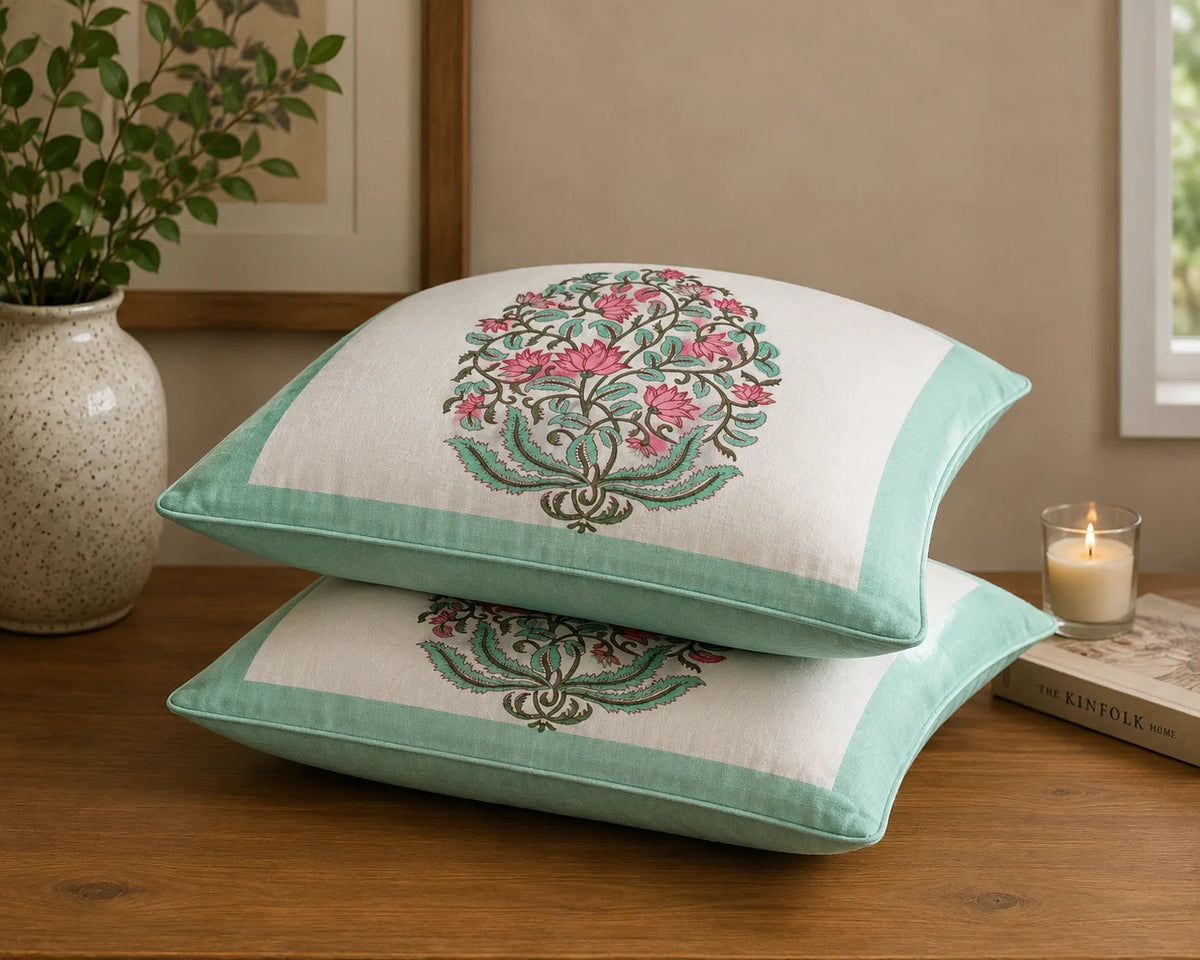 Lotus Floral Jaal Design - Hand Block Print Cotton Cushion Cover 16x16 Inch | Handmade Jaipur Pillow Cover | Aqua Green Border