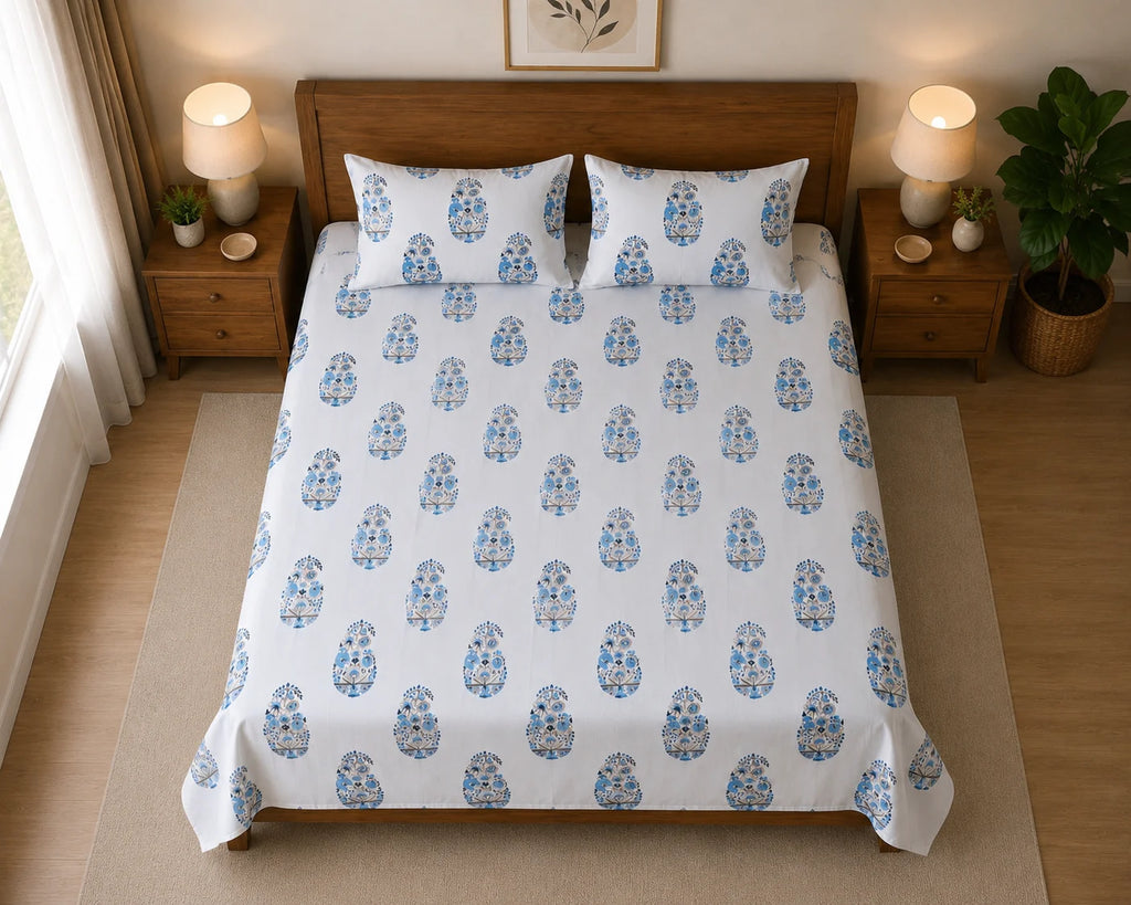 Sham-e-Bahaar Premium Aqua Blue Floral Handblock Print Cotton Bedsheet with 2 Pillow Covers (108x108 Super King Size)