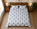 Sham-e-Bahaar Premium Aqua Blue Floral Handblock Print Cotton Bedsheet with 2 Pillow Covers (108x108 Super King Size)